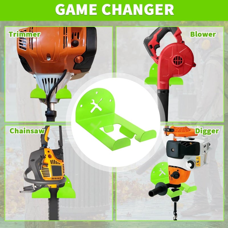 iulrtba Upgraded Trimmer Rack Wall Mount - 8" Heavy Duty Weed Eater Hanger for Garage Wall Bracket, Garden Power Tool Holder Organizer Hooks for Grass Trimmer, Hedge Trimmer, Leaf Blower and Chainsaw, Green - Image 2
